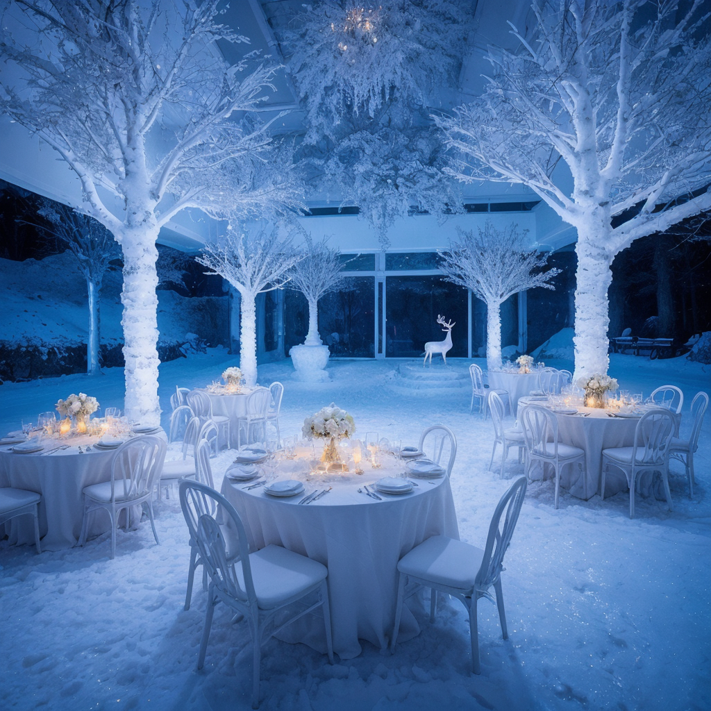 Winter Wonderland captures the magic of the snowy season with a dazzling display of icy blues, whites, and silvers. This theme creates a frosty, magical atmosphere with decorations like snowflakes, icicles, and glittering lights, often complemented by soft, faux furs and shimmering fabrics to add warmth and luxury.